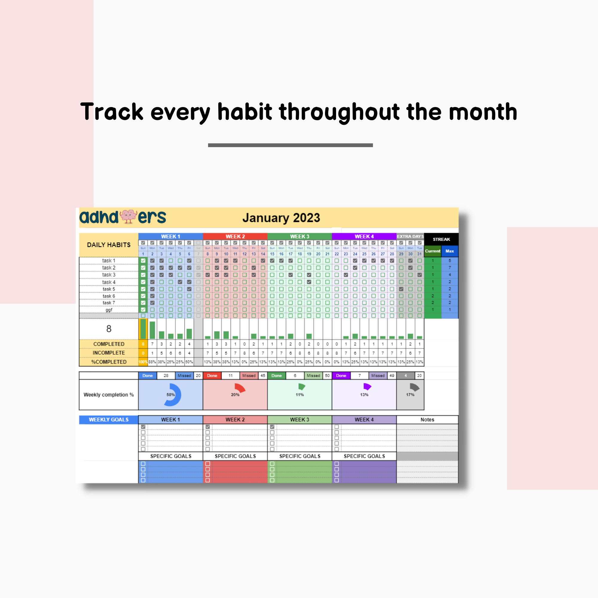 ADHD Habit Tracker - Spreadsheet Light mode